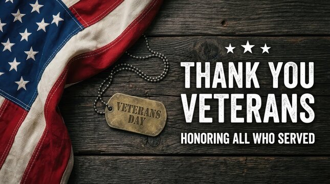 Thank you veterans message with american flag and military dog tag on rustic dark wooden background