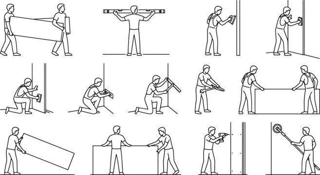 Construction workers installing drywall panels set of line art icons for home renovation and building projects