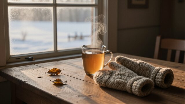 A clear glass mug filled with steaming amber-colored liquid and a pair of beige cable-knit wool mittens sit on a weathered wooden table by a window.