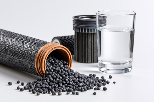 Activated carbon granules clear water glass and filtration cartridge showcasing PFAS remediation and drinking water filtration