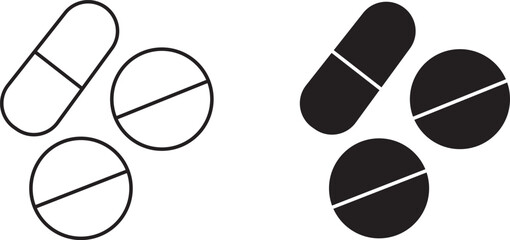 Fototapeta premium Medicine Pills Icons Painkiller pills icon. Line and Silhouette Icon Set Medicine icon style design pack on white background