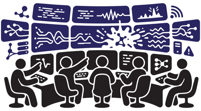 Security operations center vector illustration with team of operators monitoring data screens in a network command control room