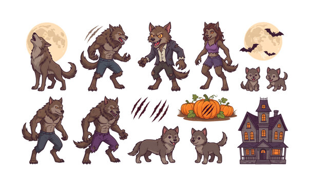 Collection of Halloween-themed werewolf and cat illustrations with pumpkins and haunted house.