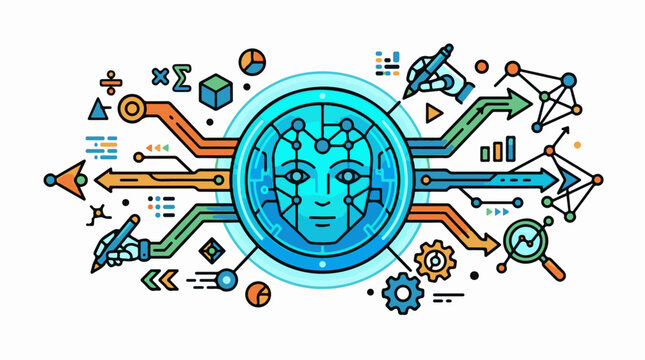 Digital brain with arrows gears and math symbols