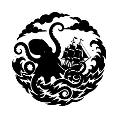 Black and white circular featuring a giant octopus attacking a sailing ship amidst stormy ocean waves © sahana11