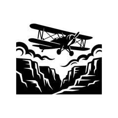Black and white of a vintage biplane flying over deep rocky canyon cliffs with swirling clouds in the sky on white background © sahana11