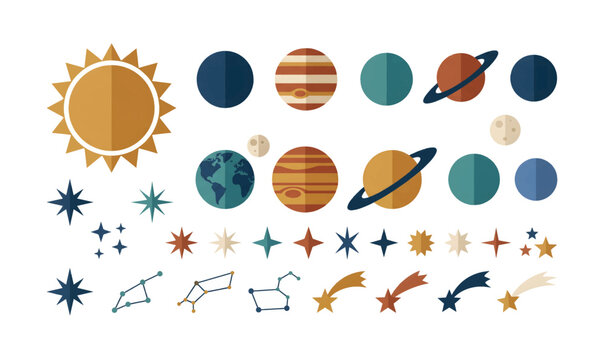 Collection of colorful celestial bodies and star signs illustration.