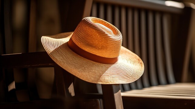 A photo of a tan sun hat on a wooden chair.