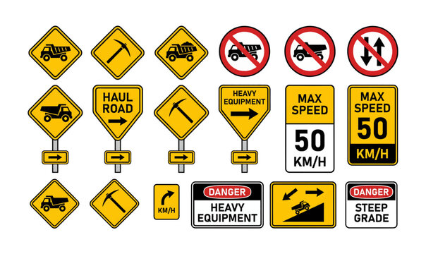 Collection of construction and traffic signs on transparent background.