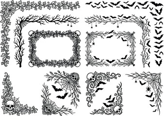 Obraz premium Spooky border vector set, halloween rectangular frames, spiderwebs, skulls, flying bats, branch ivy corners, decorative page borders illustration design