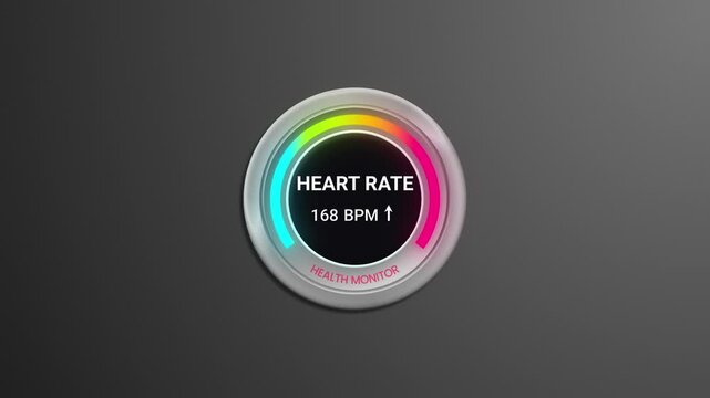 Heart rate monitor animated HUD gauge widget displaying bpm increase to high pulse warning status on dark background.