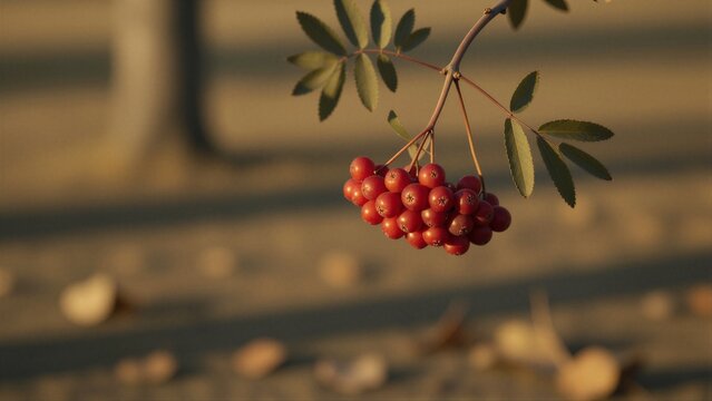 A cluster of Sorbus aucuparia berries hangs in a dense group from a thin branch with serrated leaves against a blurred background of a public space or residential area.