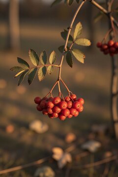 A cluster of ripe rowan berries (Sorbus aucuparia) hangs from a thin brown branch in autumn's warm golden light.