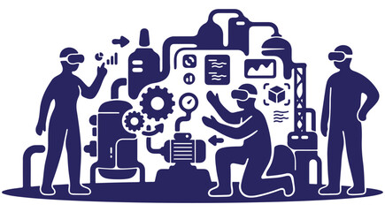Fototapeta premium Industrial digital twin vector illustration with engineers wearing VR headsets managing smart factory machinery and data