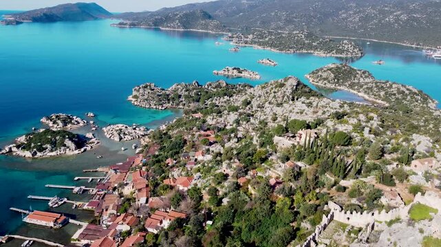 Aerial view of Kekova island with Kalekoy village and turquoise sea water