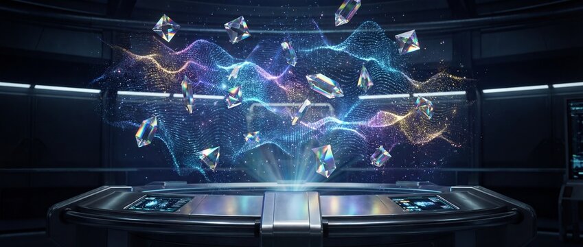 A sophisticated futuristic control console displays a vibrant holographic data projection of colorful floating geometric shapes and light waves against a dark high tech laboratory background.