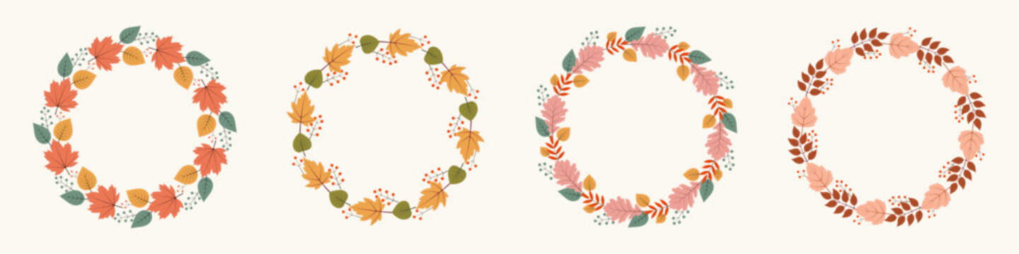 Colorful autumnal wreath collection with folliage and twigs isolated on white background.Chaplets in flat style.Design for seasonal decorations, greeting cards, invitations, social media.Vector illust