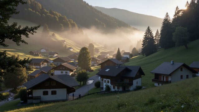 A tranquil alpine village nestles in a misty mountain valley at dawn, surrounded by rolling hills and coniferous forests.