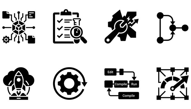Icons Representing Technology and Software Development Processes with Various Symbols and Diagrams