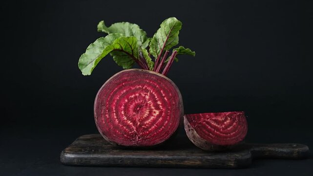 Fresh sliced beetroot with green leaves on dark wooden board against black background