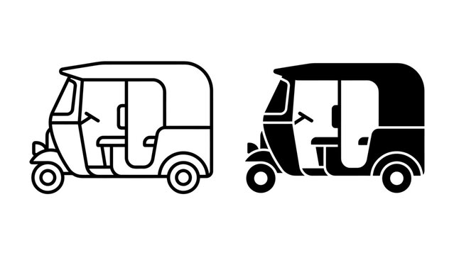 Auto Rickshaw Icons: A clear and concise visual representation of an auto rickshaw, presented in both outline and silhouette form, ideal for graphic design and transport-related contexts.