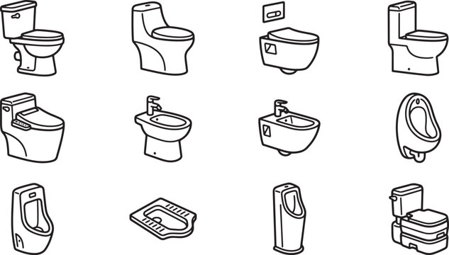 Set of various bathroom sanitary ware icons including toilets bidets and urinals in simple line art style