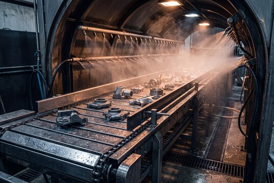 Metal parts move through high pressure spray wash tunnel inside industrial cleaning system with dramatic steam and water mist, showing parts washing, degreasing, finishing, and manufacturing workflow