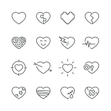 Vector line set of icons related with heart. Contains monochrome icons like heart, love, passion, valentine, and more. Simple outline sign.