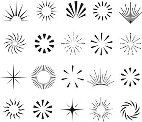 Obraz premium Black sunburst vector set minimalist ray icons retro shine elements boho doodle starburst design collection