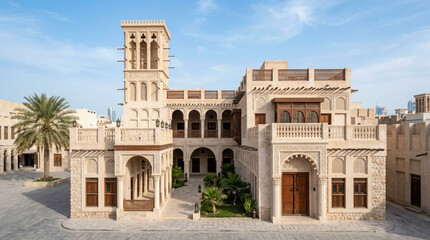Fototapeta premium Traditional Arabic House with Windtower and Courtyard, Middle East Architecture