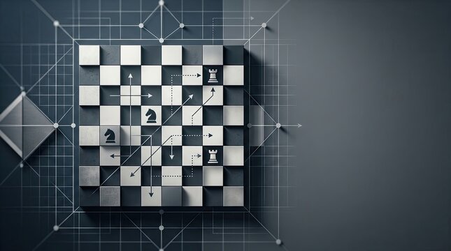 A stylized chess board with black and white squares is overlaid with a complex network of white lines and arrows.