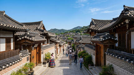 Fototapeta premium Traditional Korean Village Street with Hanbok Dress and Tourists