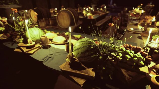 Candlelit harvest centerpiece with watermelon and grapes on wooden table beside oak barrel, clay bowls and woven runner creating warm intimate tavern atmosphere