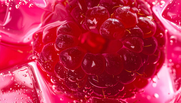 Close-up of a vibrant red raspberry submerged in a pink liquid with ice cubes and effervescent bubbles.