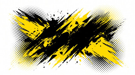 Abstract grunge yellow and black ink splatter with halftone dot pattern background. Dynamic urban street art brush stroke explosion for comic pop art poster design and graffiti backdrop vector. © Itx Musa