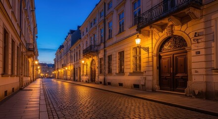 Fototapeta premium A long, cobblestone street in an old European city at dusk. The street is lined with ornate, historic buildings illuminated by warm, golden light.