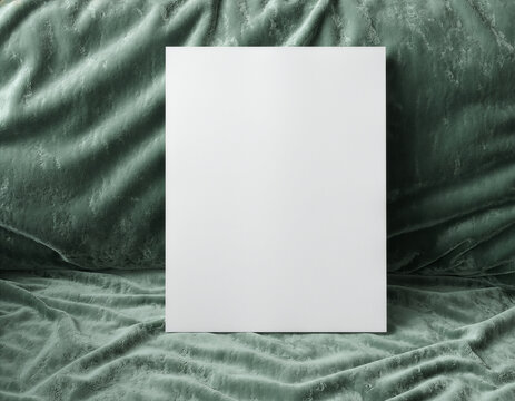 Blank white vertical paper mockup template on green satin fabric