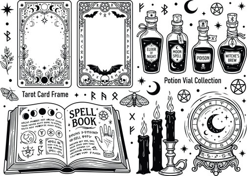 Witchcraft tarot vector set, tarot card frames, open spell book grimoire, magic potion vials, burning black candles, crystal ball, pagan runes