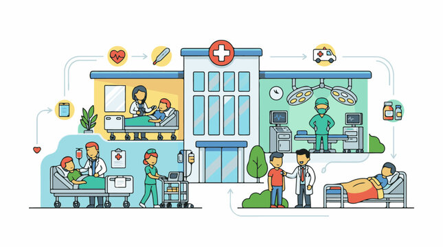 Depiction of a hospital showing patient care surgery and recovery