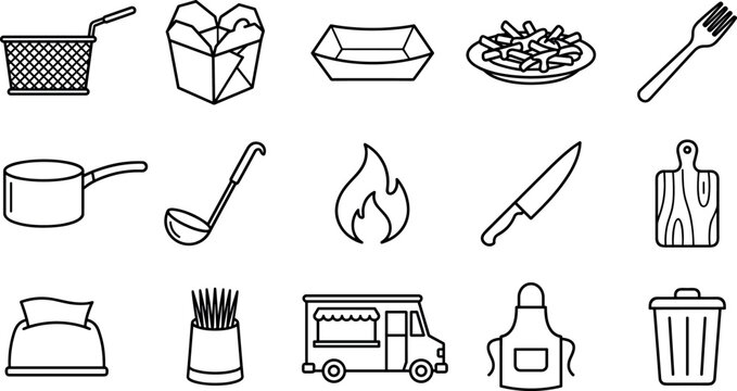 Canadian poutine french fries food truck and fast food kitchen catering vector icon set.
