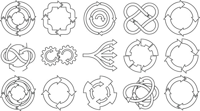 Circular Process Line Icons Set Featuring Cycle Loop Refresh Infinity Branching Arrows and Diagram Symbols
