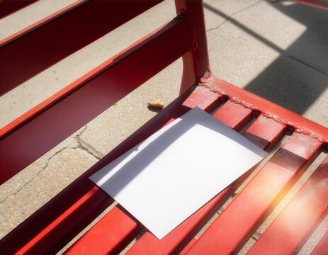 Blank white flyer mockup template on red metal bench with sun flare