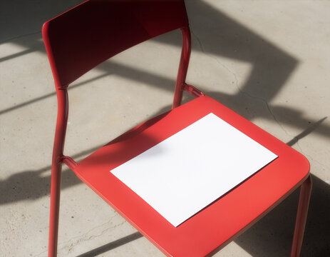 Blank white flyer mockup template on red metal chair in sunlight