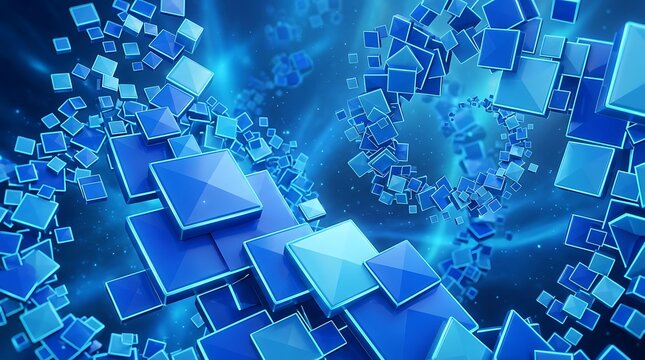 Abstract background featuring a cluster of glowing blue geometric cubes floating in a dark digital space representing modern technology and data