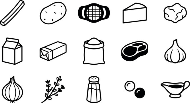 Canadian poutine french fries ingredients and gravy steak restaurant recipe linear icon set.