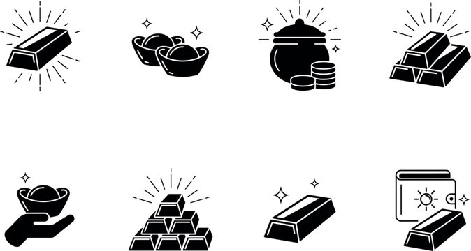  Gold bullion bars and sycee ingots black solid glyph icon set financial wealth banking vector illustration.