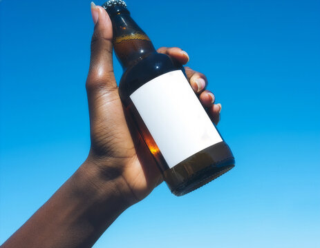 Beer bottle mockup template with blank label held by hand against blue sky