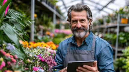 Fototapeta premium Elderly man wearing an apron uses a tablet while standing among colorful flowers in a greenhouse filled with plants and natural light.