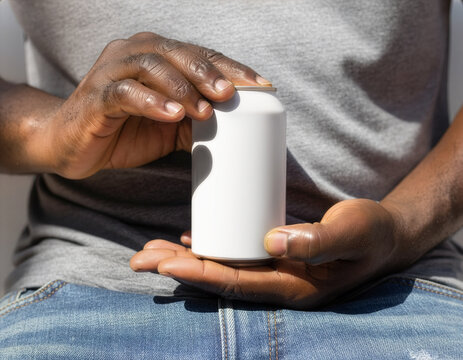 Blank white beverage can mockup template held by hands outdoors