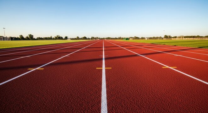A wide-angle photograph captures a vibrant red running track stretching into the distance under a clear blue sky. The track is marked with white lane lines and yellow markers.